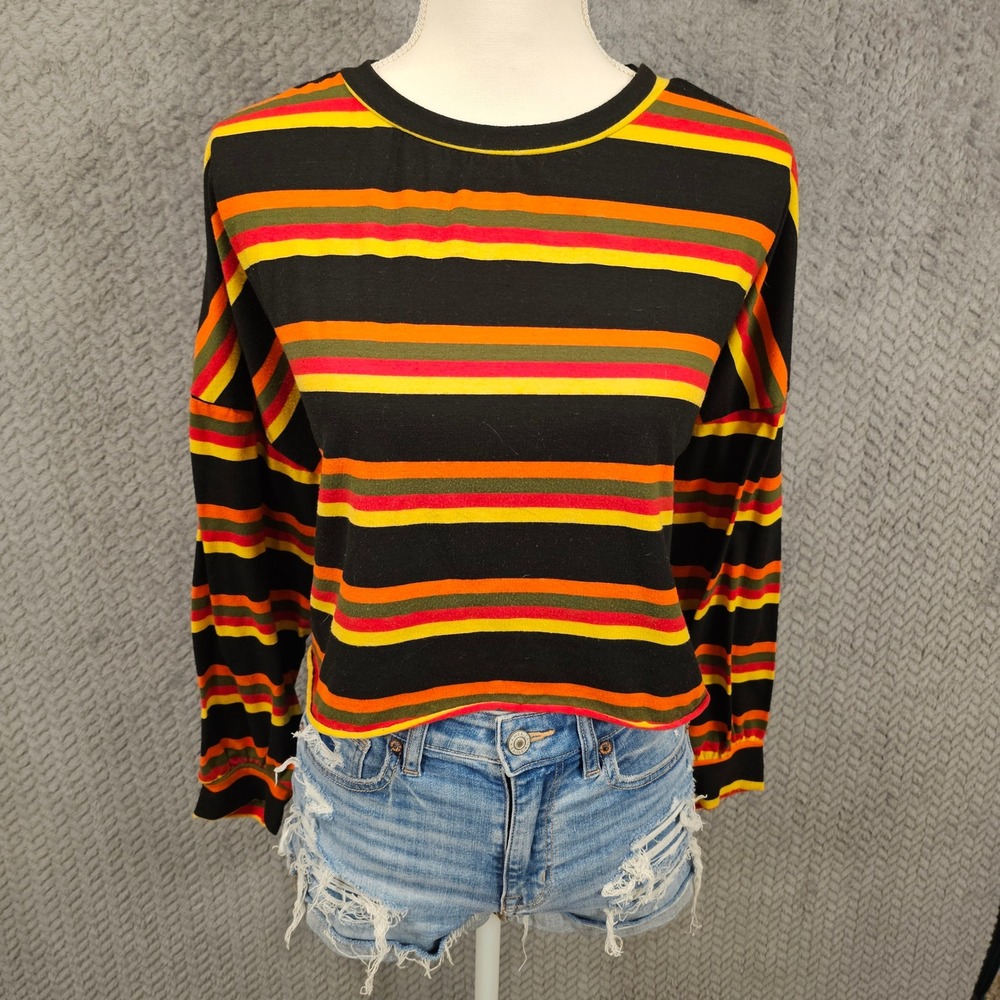 Romwe Womens Striped Long Sleeve Crop Top‎ Black Orange Yellow Green Size M